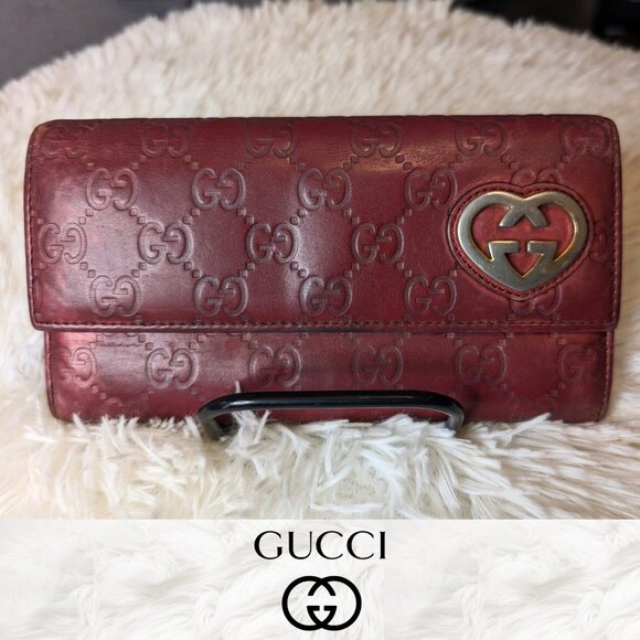 Gucci, Guccissima Leather Long Wallet with Interlocking Heart Logo, Dark Red - Picture 1 of 14